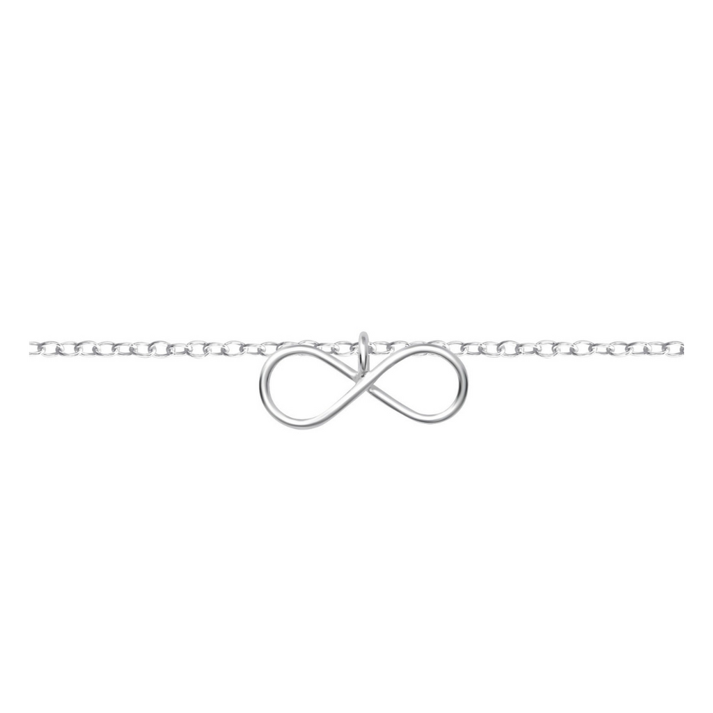 Infinity sterling silver anklet on a white background