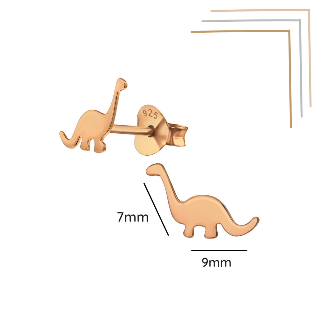 Dinosaur rose gold ear studs shown with a size label on a white background
