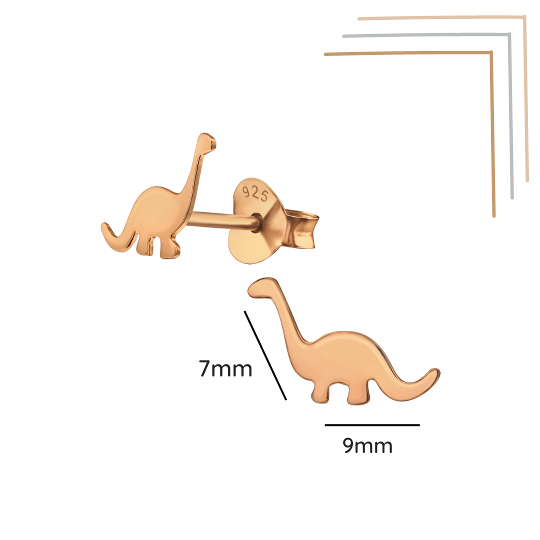 Dinosaur rose gold ear studs shown with a size label on a white background