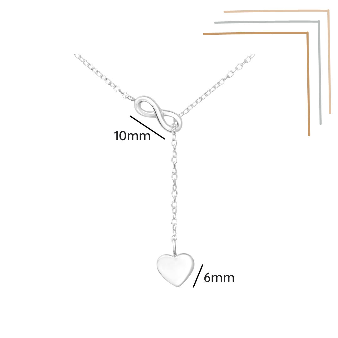 Infinity heart Y sterling silver necklace shown with a size label on a white background