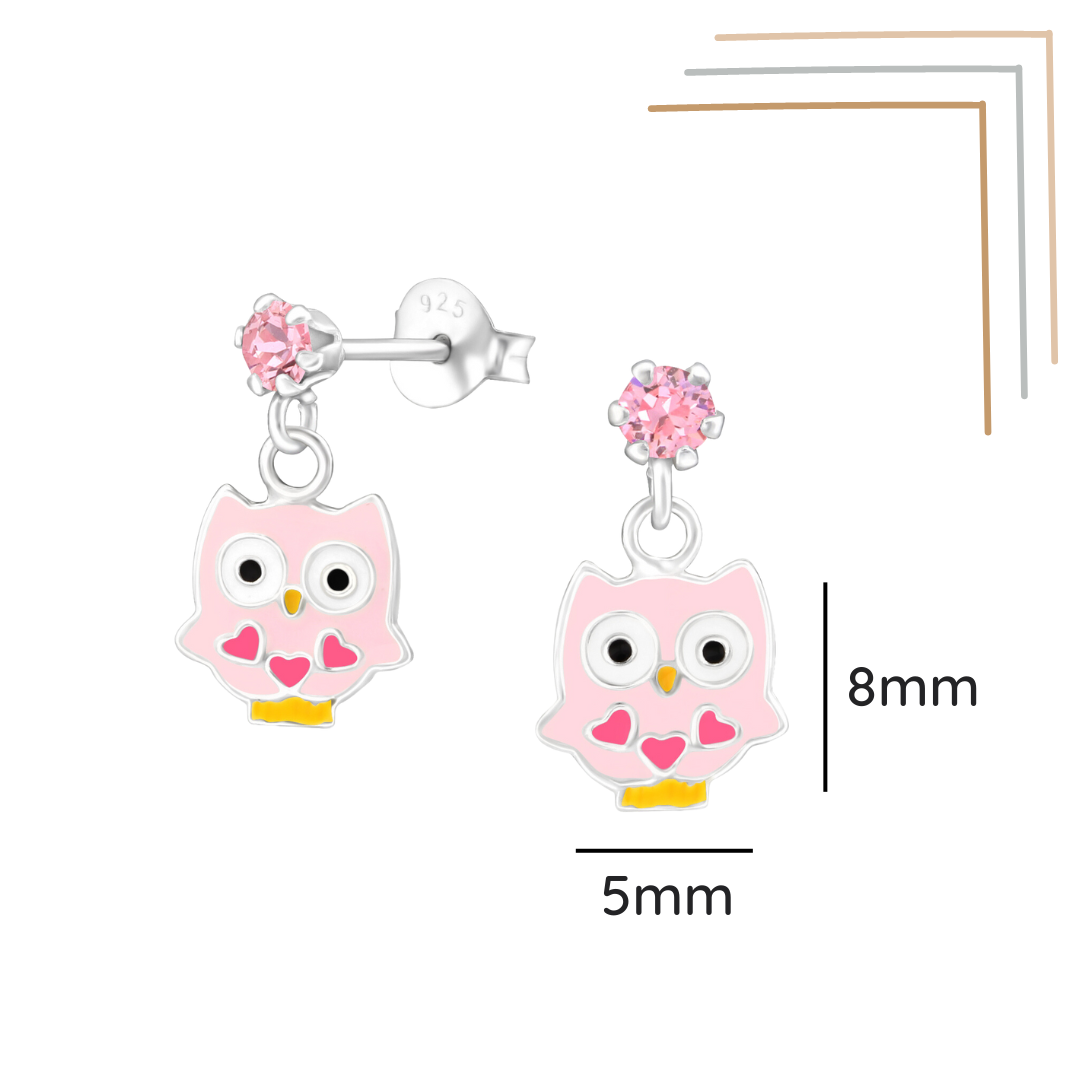 Owl sterling silver ear studs with crystal epoxy shown with a size label on a white background