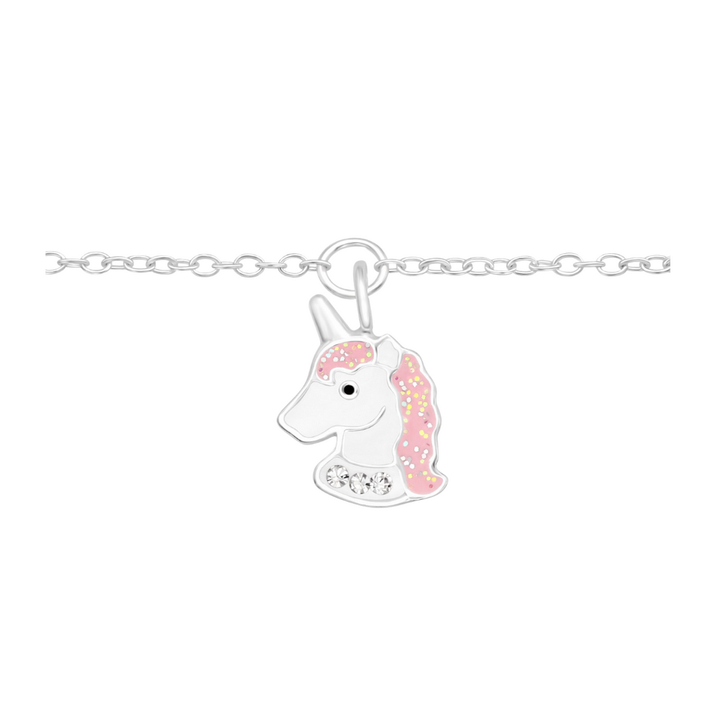 Unicorn sterling silver bracelet with crystal epoxy on a white background