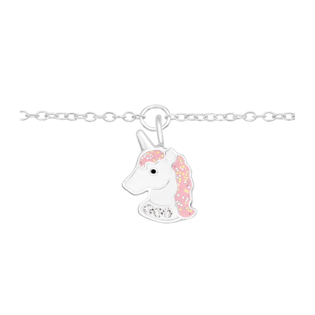 Unicorn sterling silver bracelet with crystal epoxy on a white background