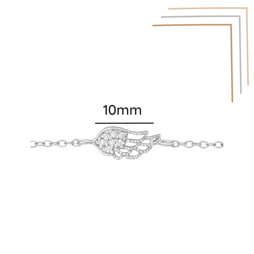 Wing sterling silver bracelet with cubic zirconia shown from an alternate angle