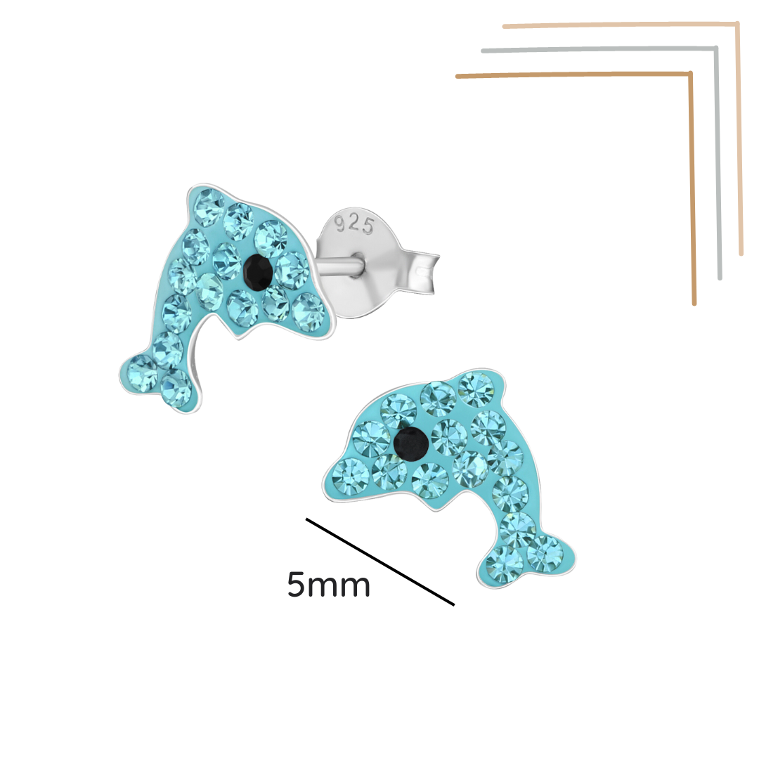 Dolphin sterling silver ear studs with crystal shown with a size label on a white background