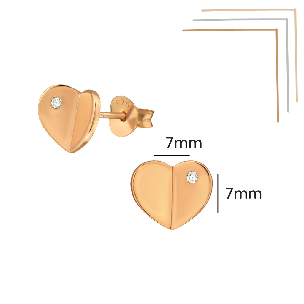 Folded heart rose gold ear studs with cubic zirconia shown with a size label on a white background
