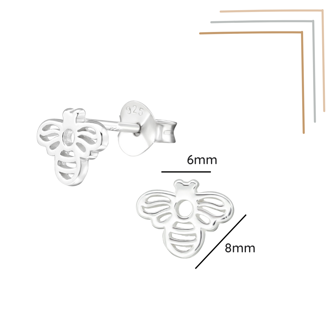 Bee sterling silver ear studs with a size label on a white background