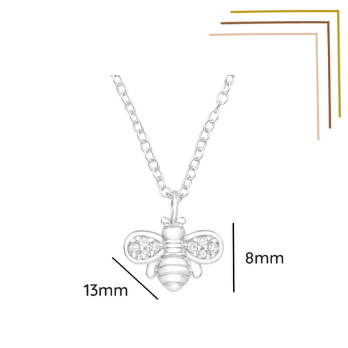 Bee sterling silver necklace with a size label on a white background