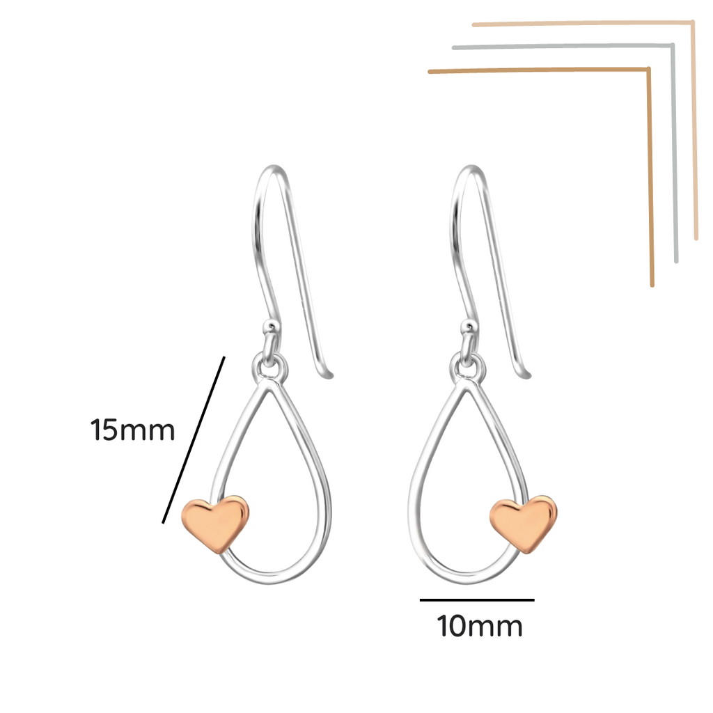 Teardrop sterling silver earrings with rose gold heart detail shown with a size label on a white background