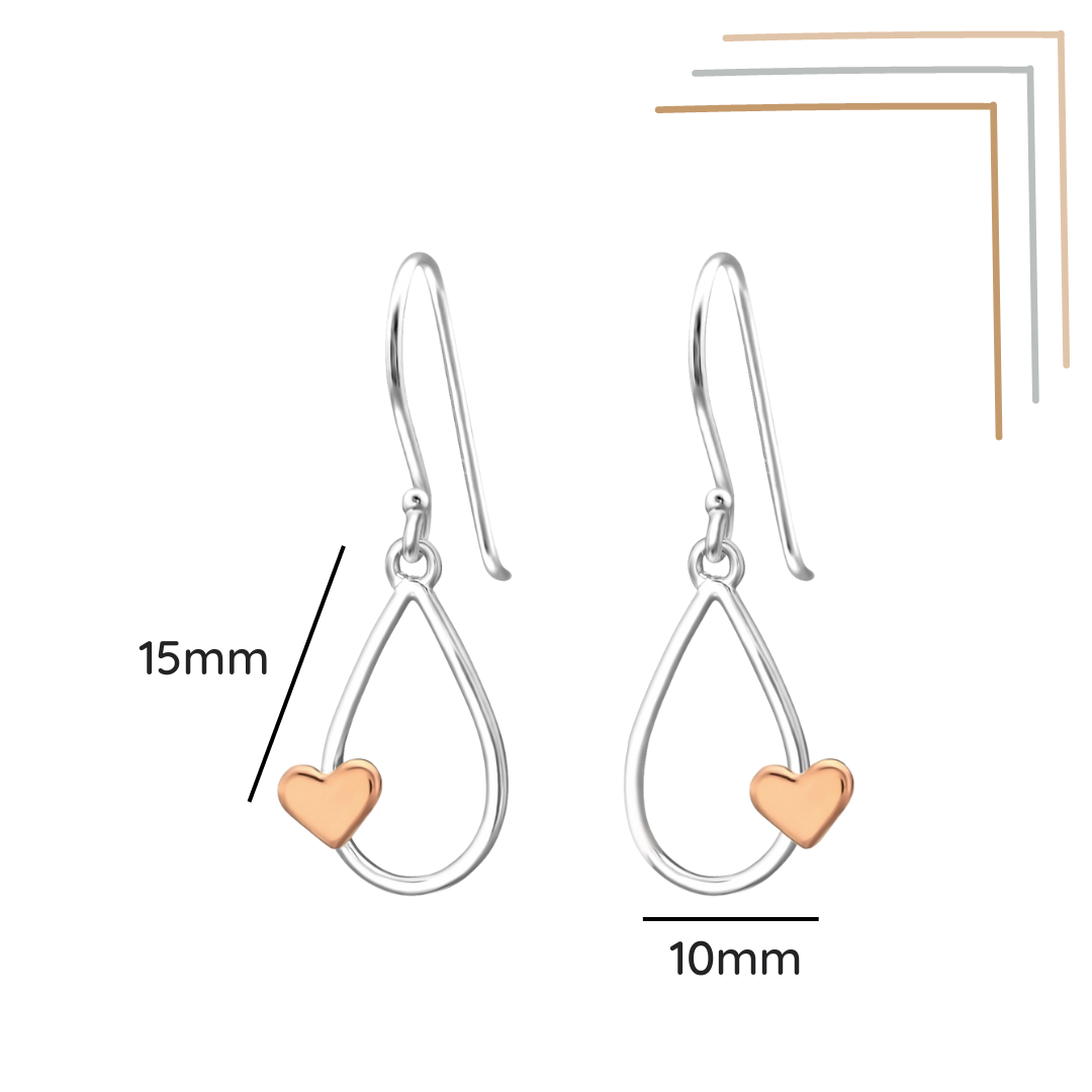Teardrop sterling silver earrings with rose gold heart detail shown with a size label on a white background