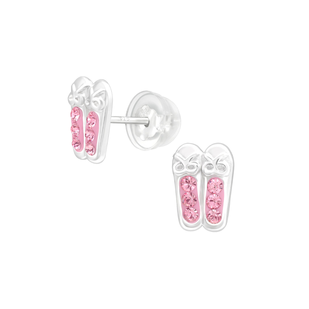 Ballerina shoes sterling silver ear studs with crystals on a white background