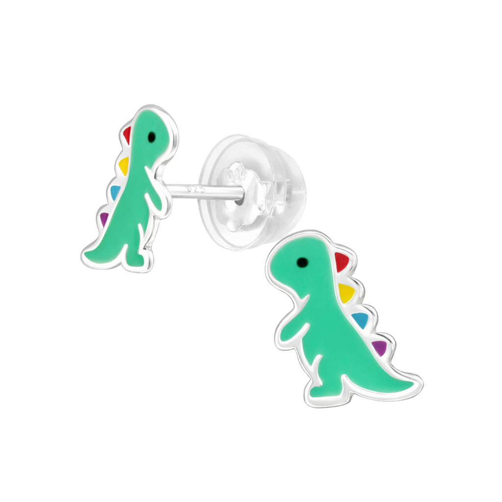 Dinosaur sterling silver ear studs with epoxy on a white background