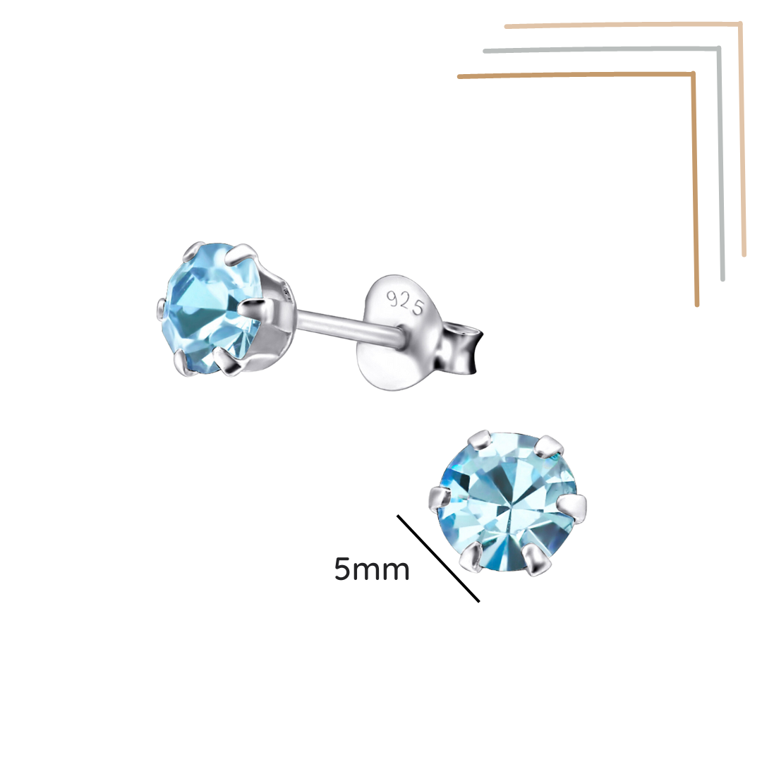 Crystal sterling silver ear studs shown with a size label on a white background