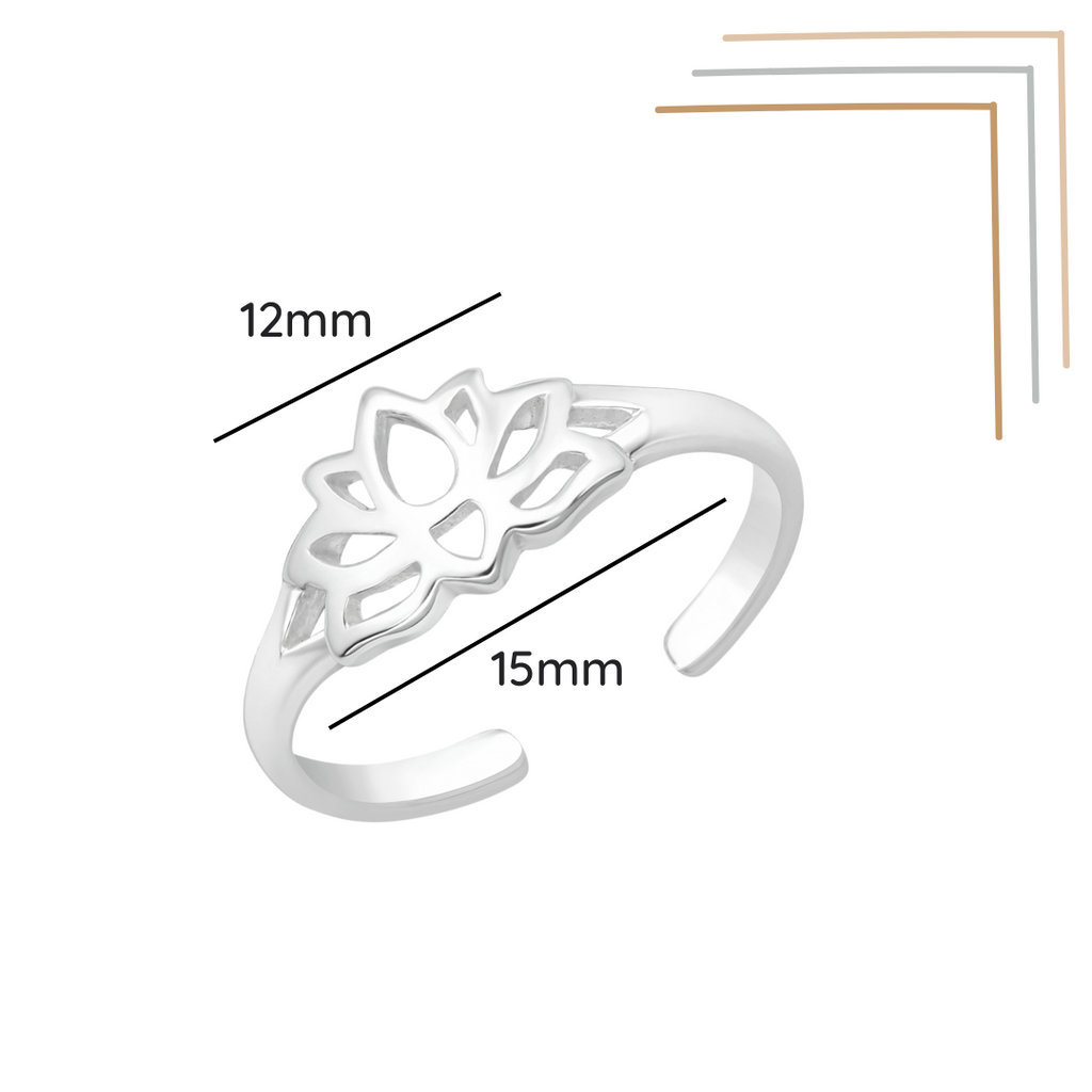 Lotus flower sterling silver toe ring shown with a size label on a white background