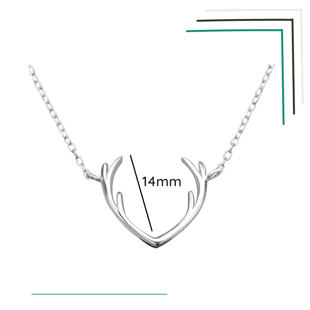 Antler sterling silver necklace shown with a size label on a white background