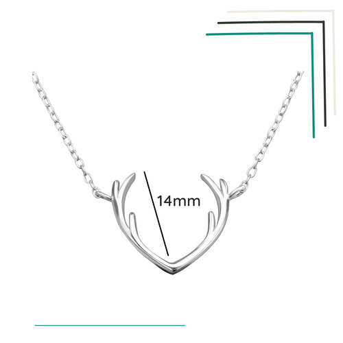 Antler sterling silver necklace shown with a size label on a white background