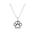 Silver necklace with a paw print pendant on a white background
