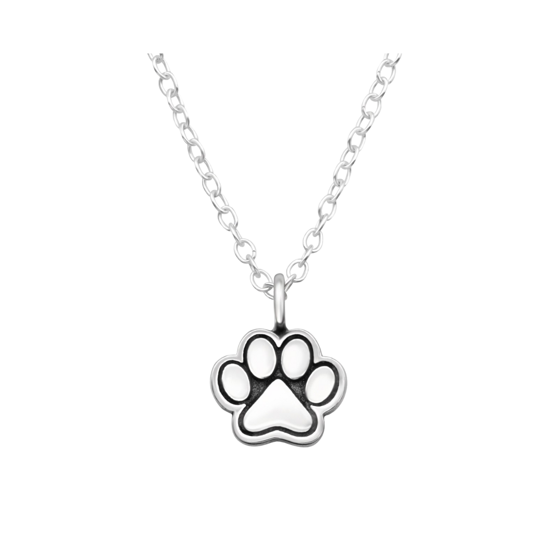Silver necklace with a paw print pendant on a white background