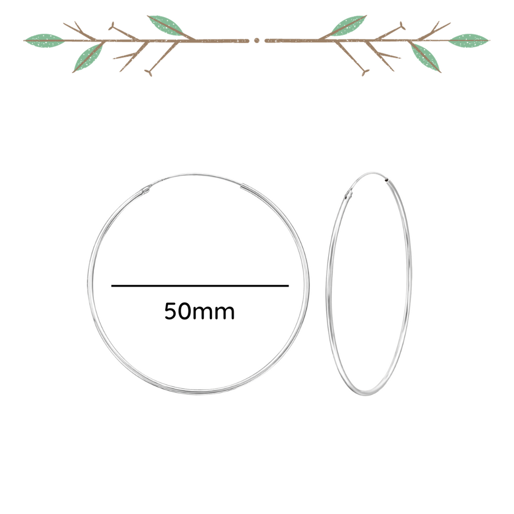 50mm sterling silver ear hoops with diameter and thickness measurements