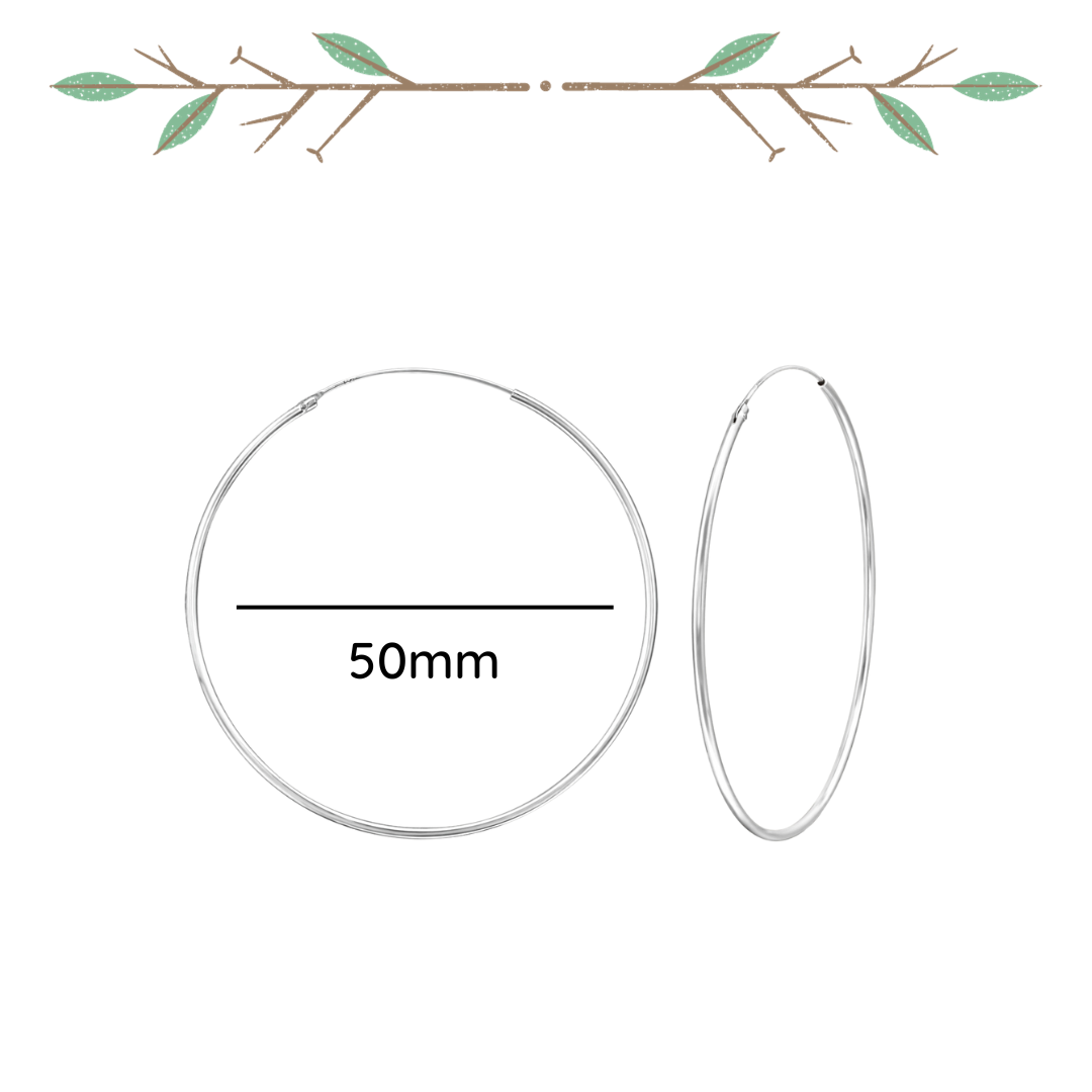 50mm sterling silver ear hoops with diameter and thickness measurements
