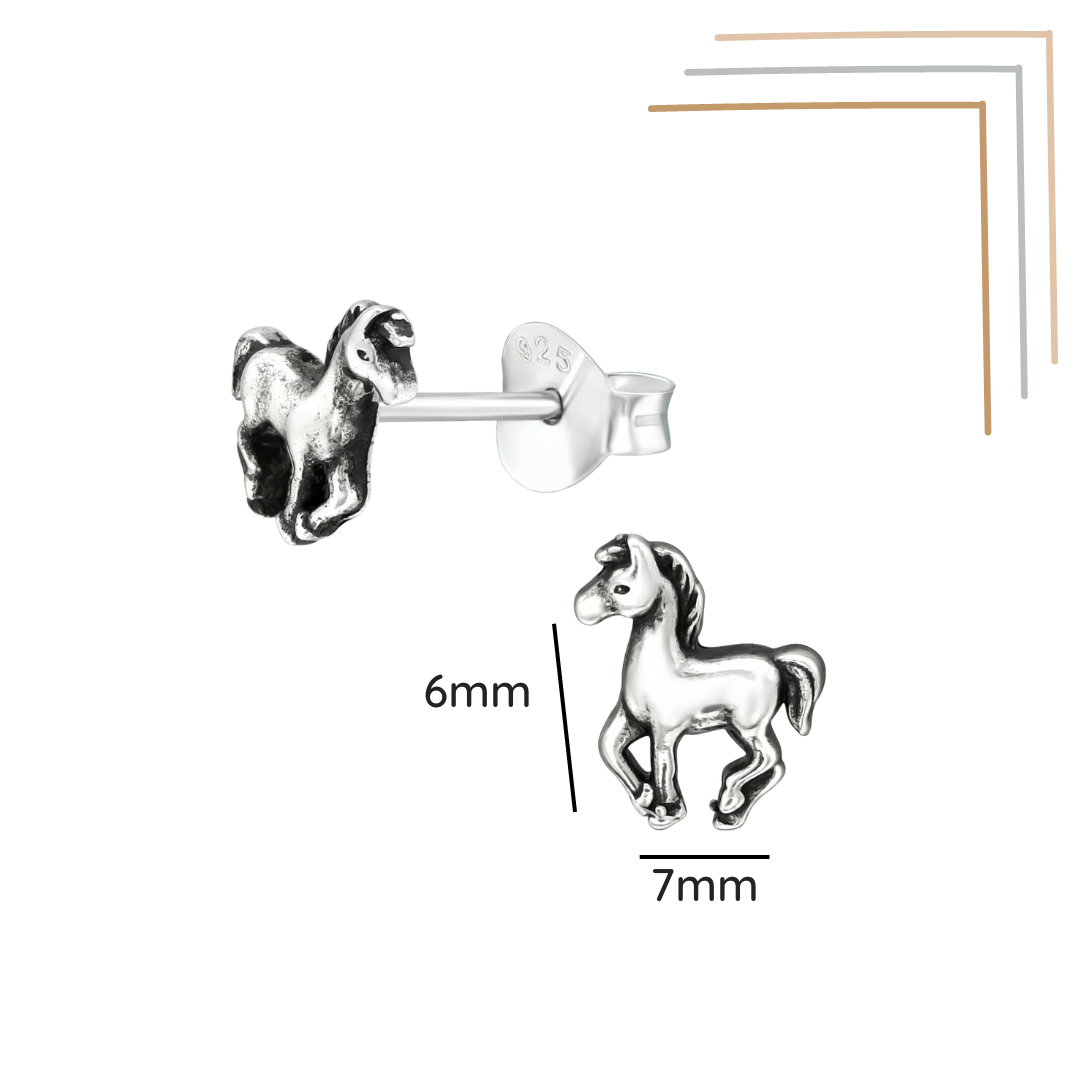 Horse sterling silver ear studs shown with a size label on a white background
