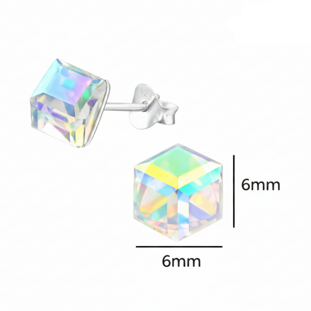 Cube sterling silver ear studs with crystal shown with a size label on a white background