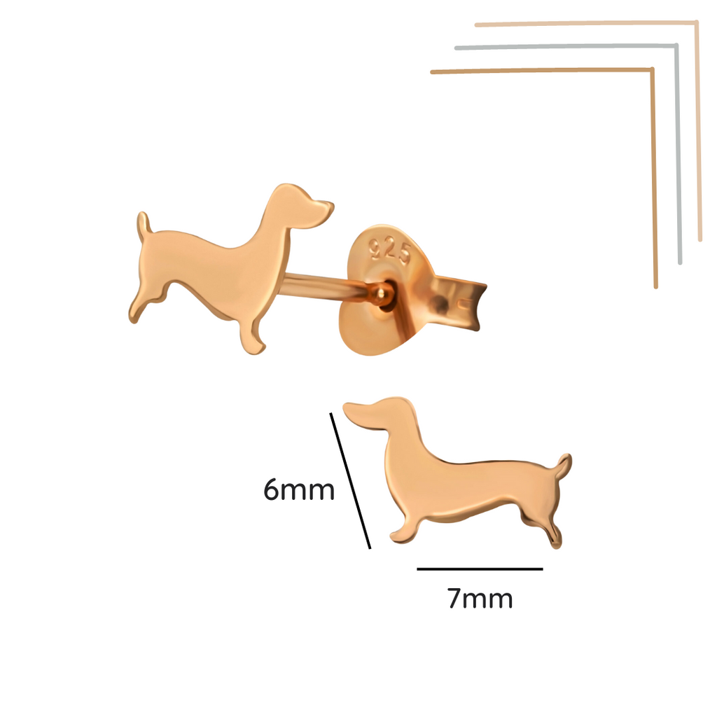 Dachshund rose gold ear studs shown with a size label on a white background