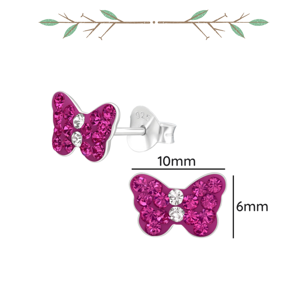 Butterfly sterling silver ear studs with crystals shown with a size label