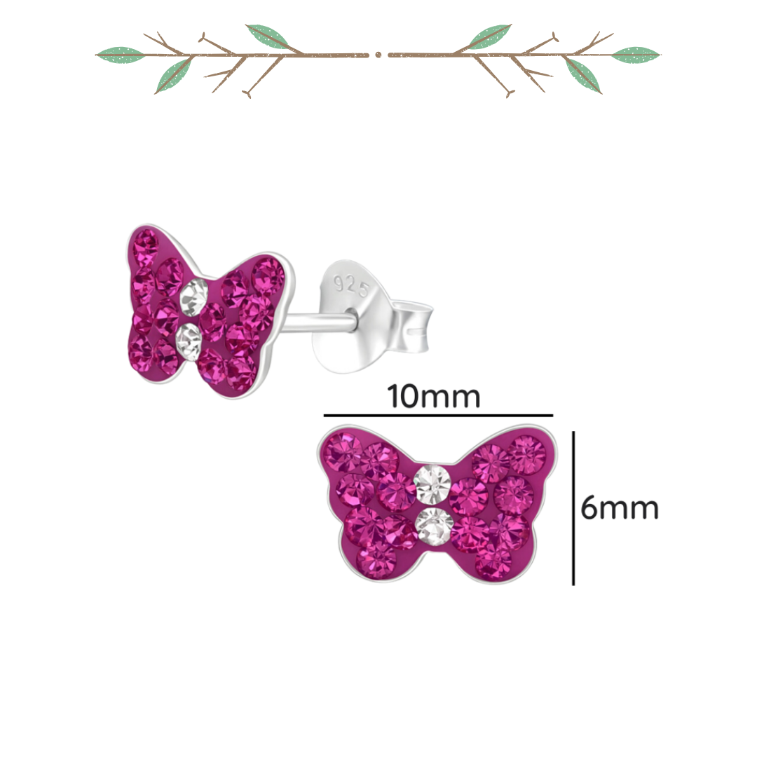 Butterfly sterling silver ear studs with crystals shown with a size label