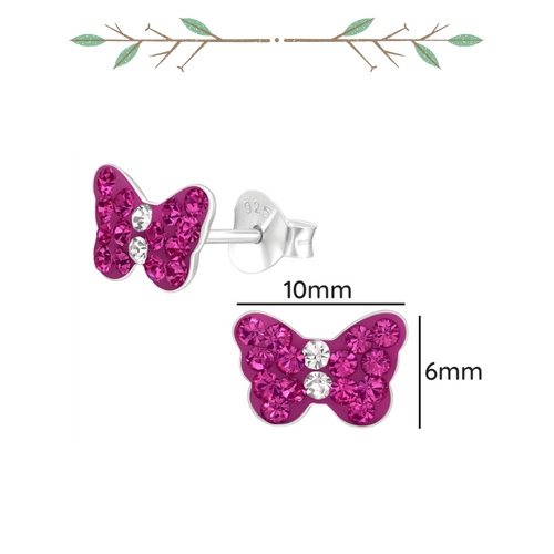 Butterfly sterling silver ear studs with crystals shown with a size label