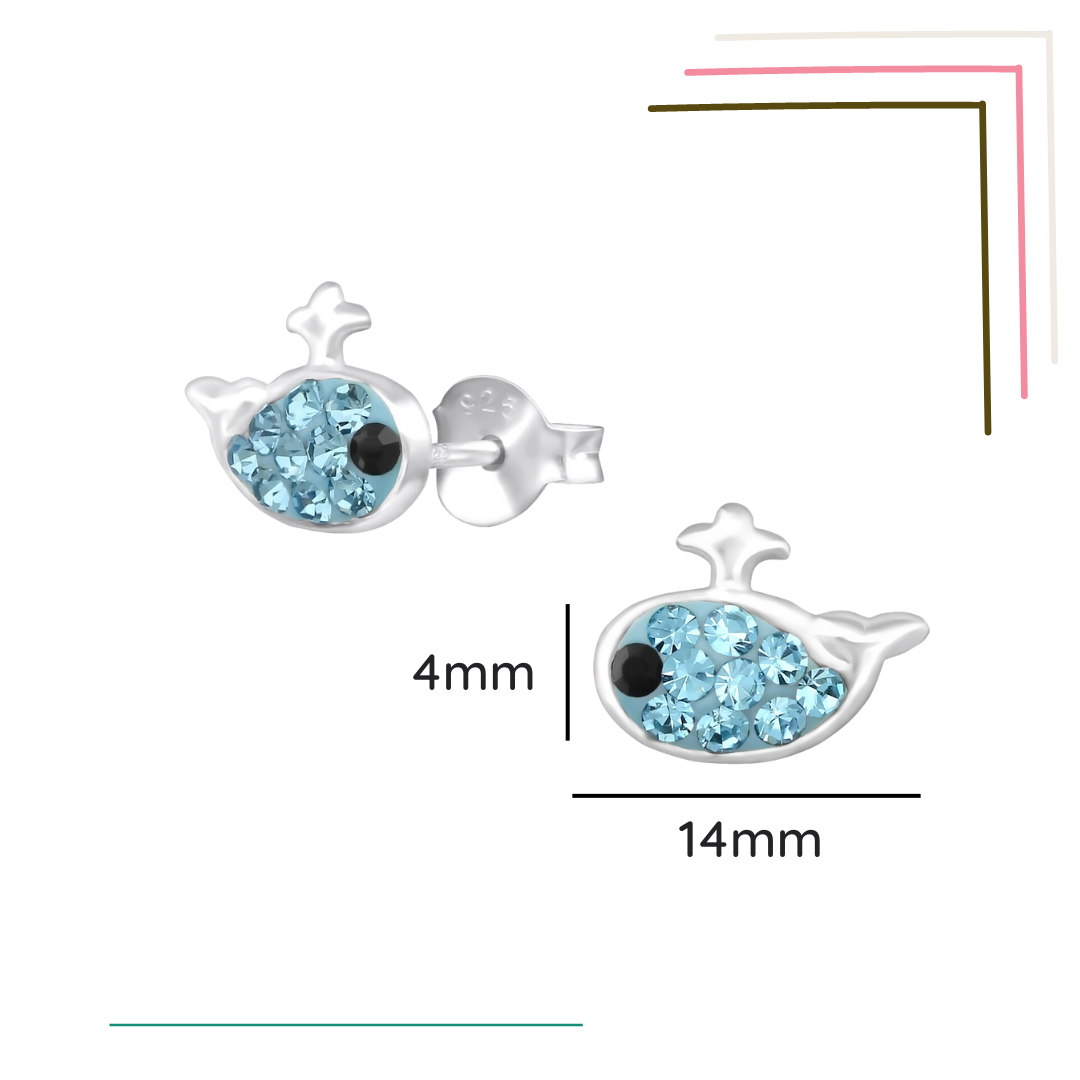Whale sterling silver ear studs with crystals shown with a size label on a white background