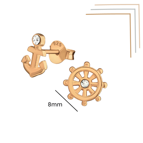 Anchor And Wheel Rose Gold Ear Studs With Crystal