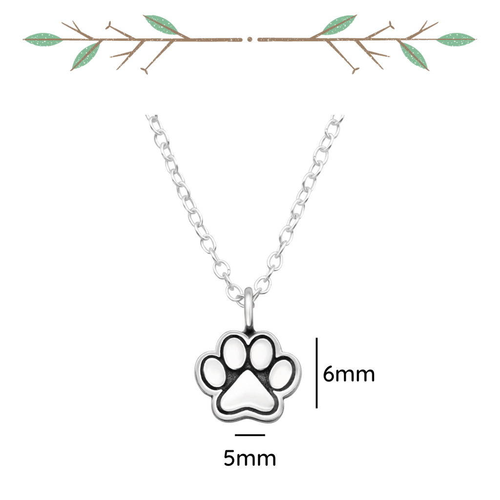 Paw print sterling silver necklace shown from an alternate angle