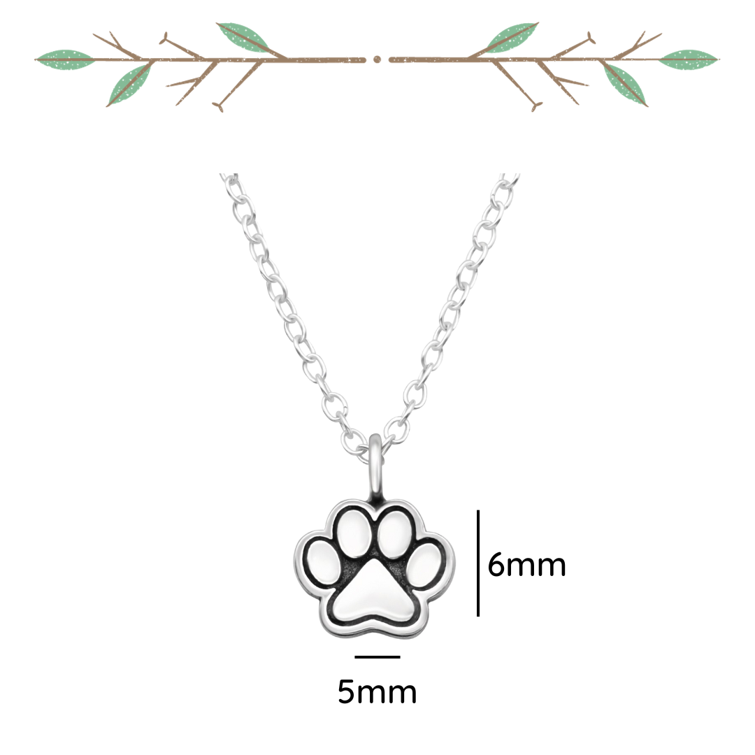 Paw print sterling silver necklace shown from an alternate angle