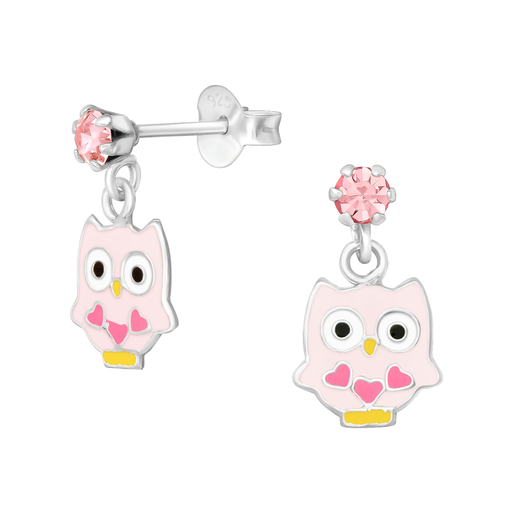 Owl sterling silver ear studs with crystal epoxy on a white background