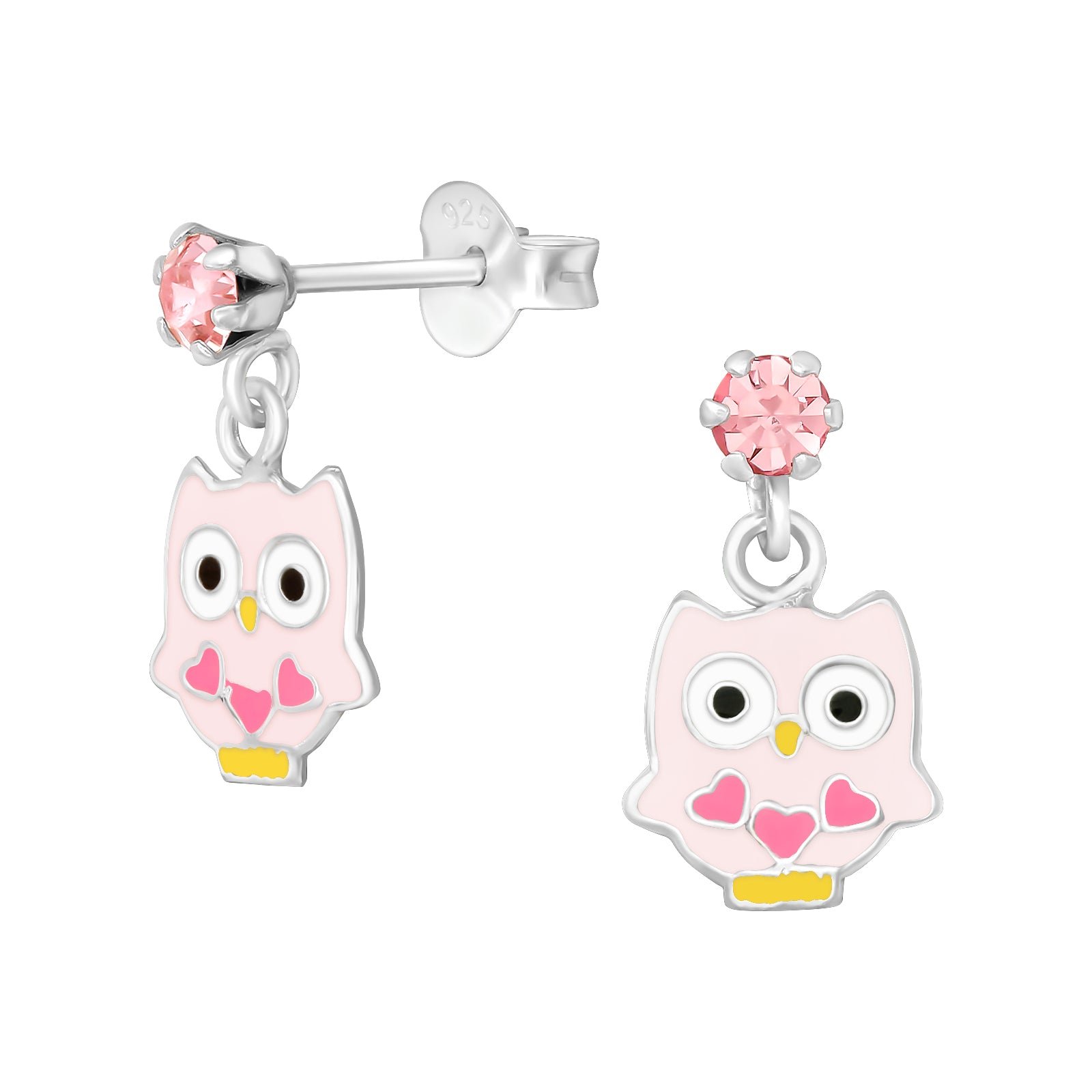 Owl sterling silver ear studs with crystal epoxy on a white background