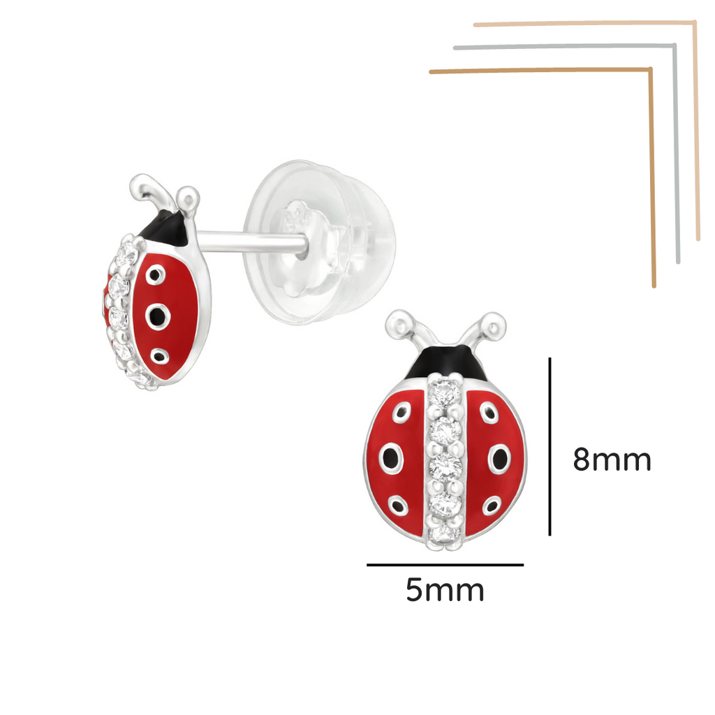 Ladybug sterling silver ear studs with cubic zirconia shown with a size label on a white background
