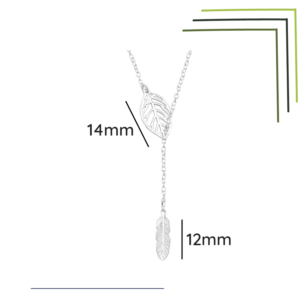 Leaf feather sterling silver Y necklace shown with a size label on a white background