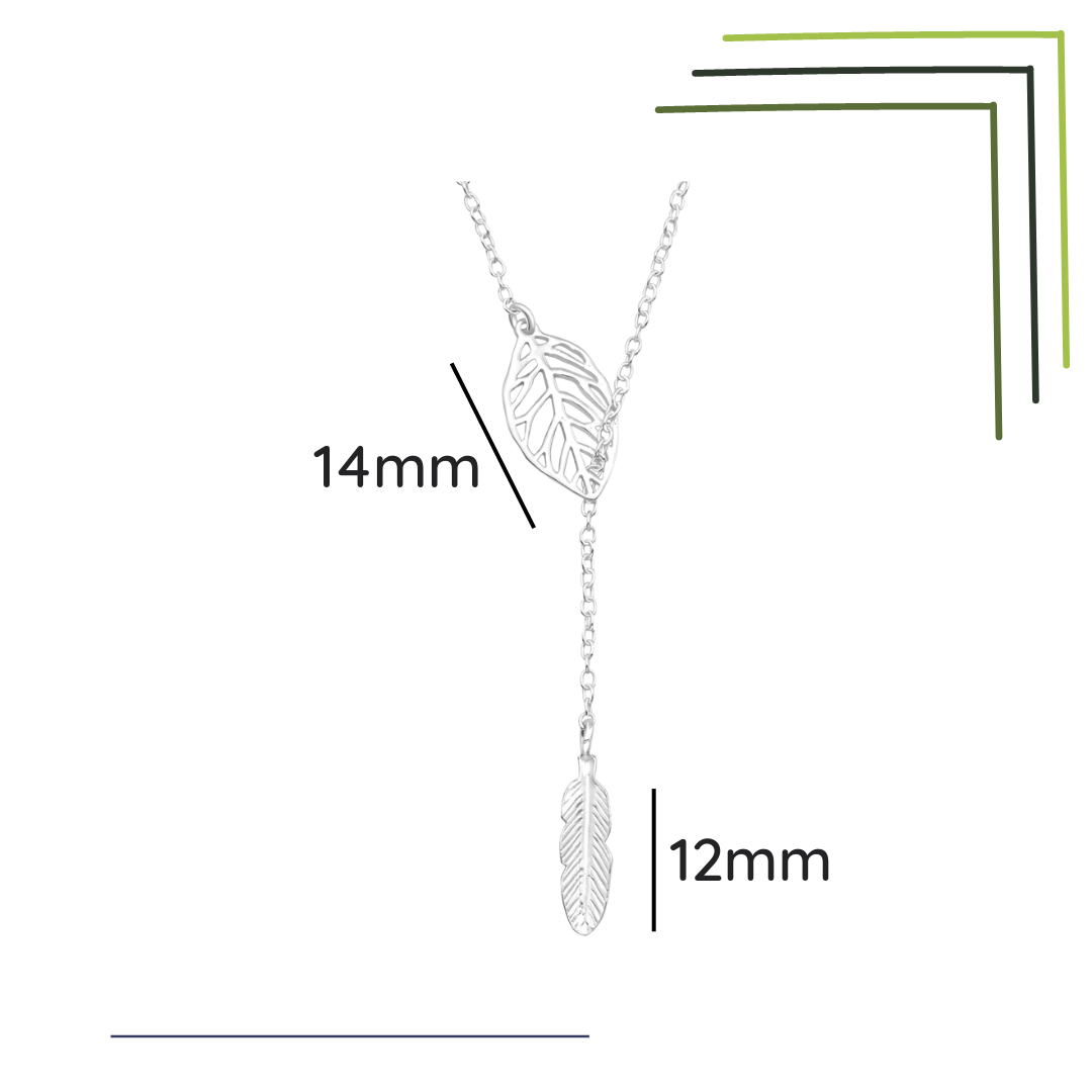 Leaf feather sterling silver Y necklace shown with a size label on a white background