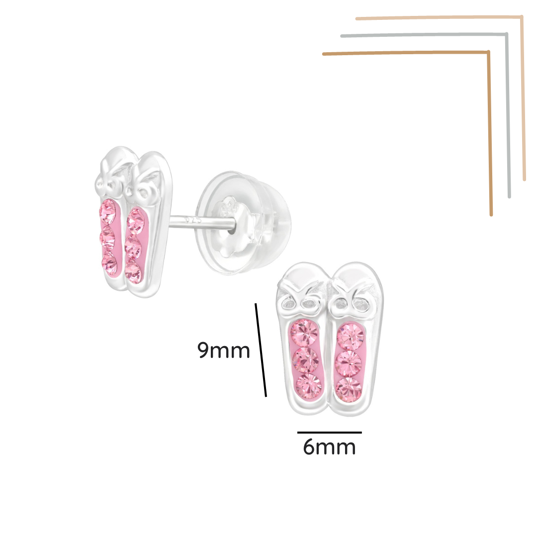 Ballerina shoes sterling silver ear studs with a size label on a white background