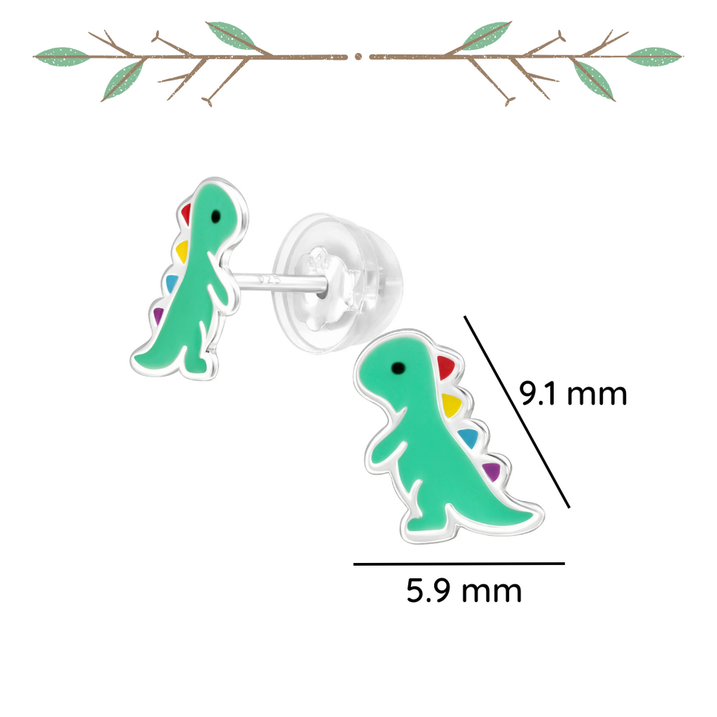 Dinosaur sterling silver ear studs with epoxy shown from an alternate angle