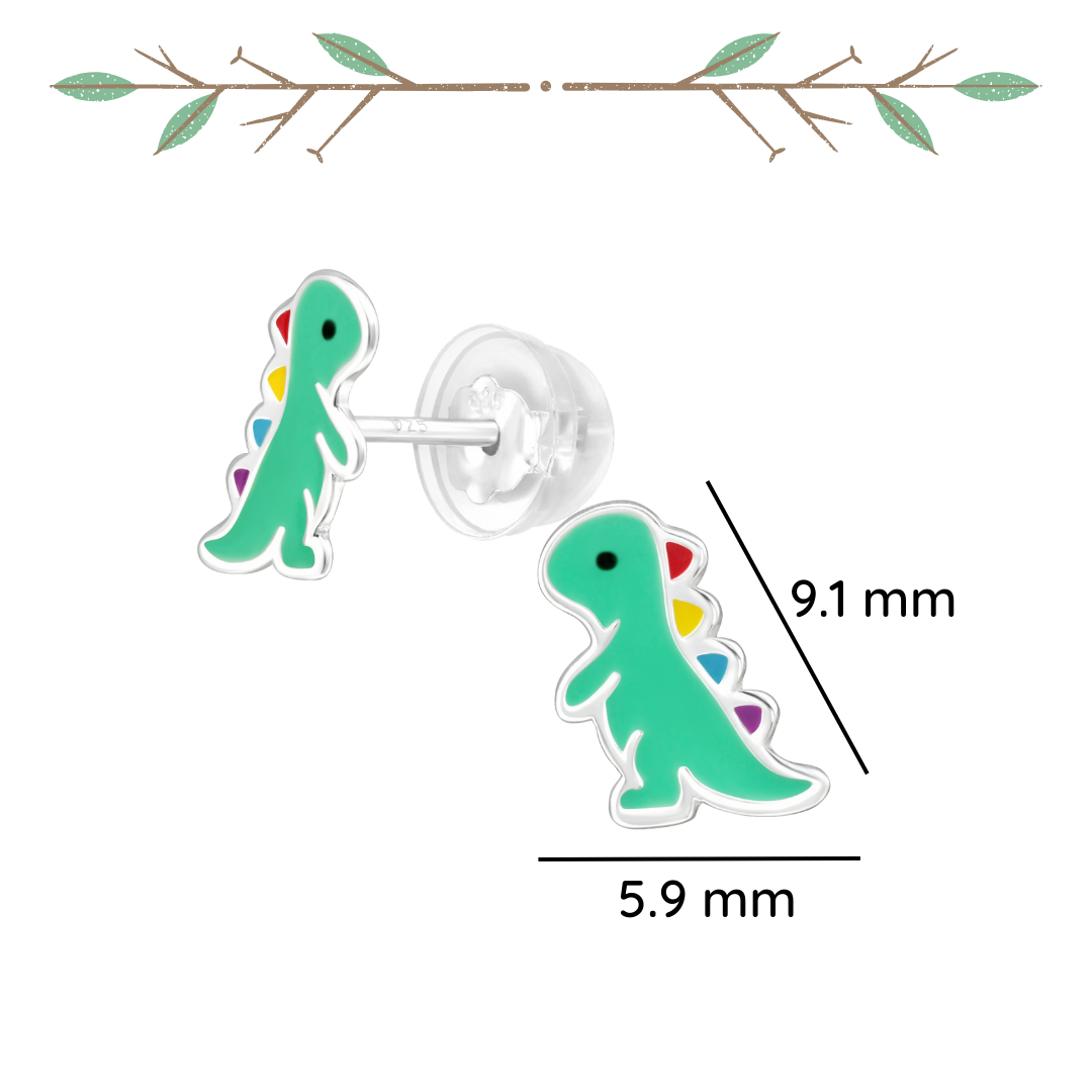 Dinosaur sterling silver ear studs with epoxy shown from an alternate angle