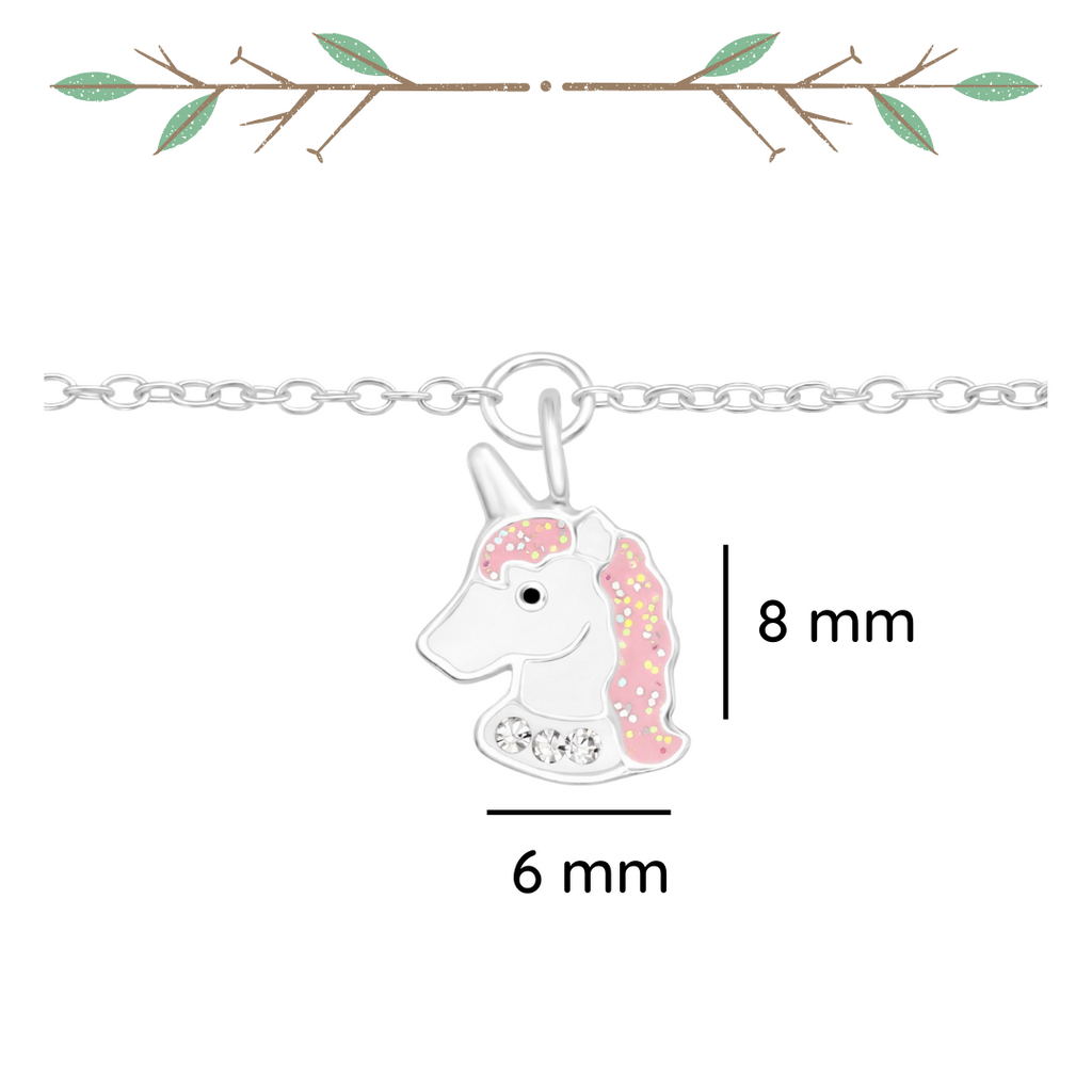 Unicorn sterling silver bracelet with crystal epoxy shown with a size label on a white background