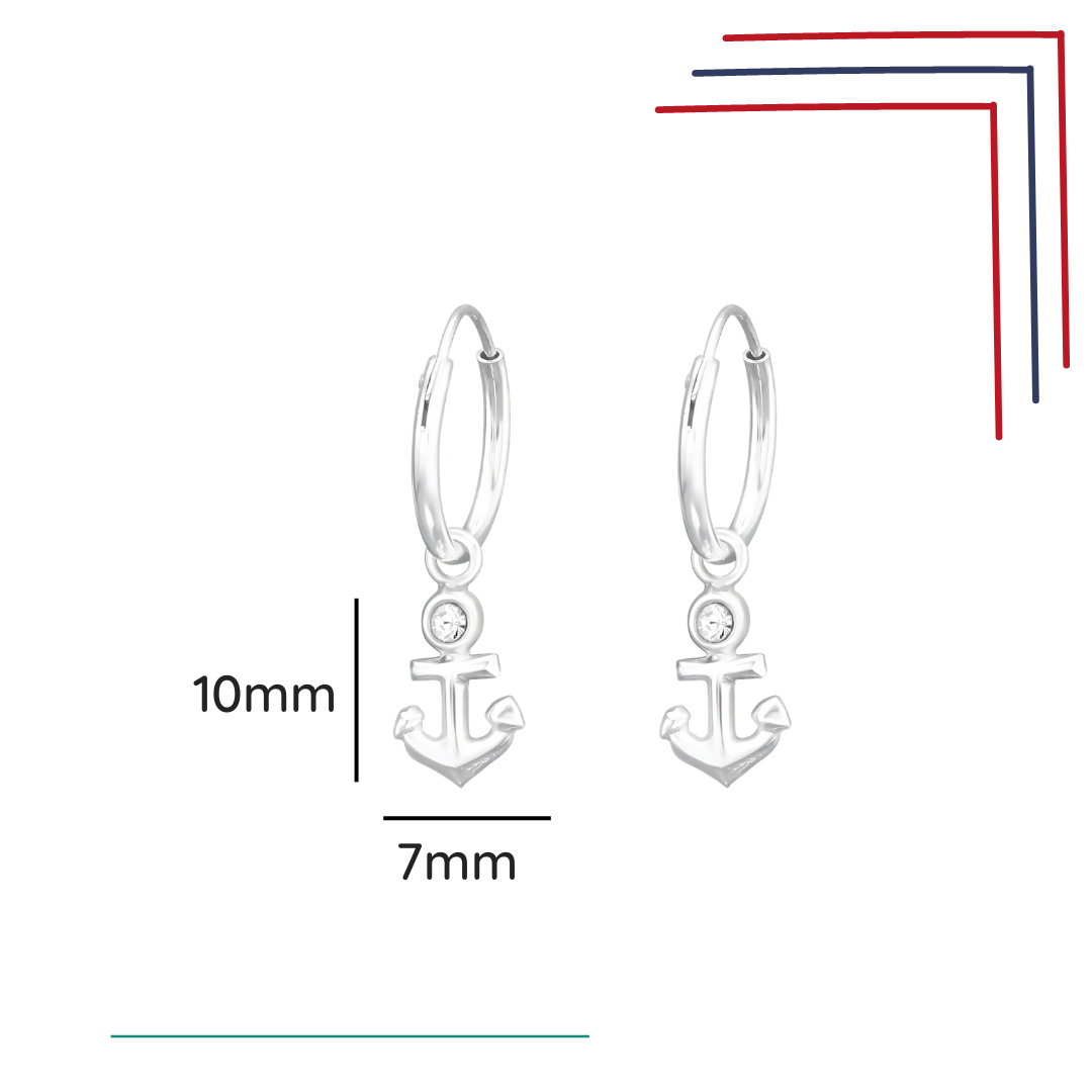 Hanging anchor sterling silver ear hoops with crystal shown with a size label on a white background