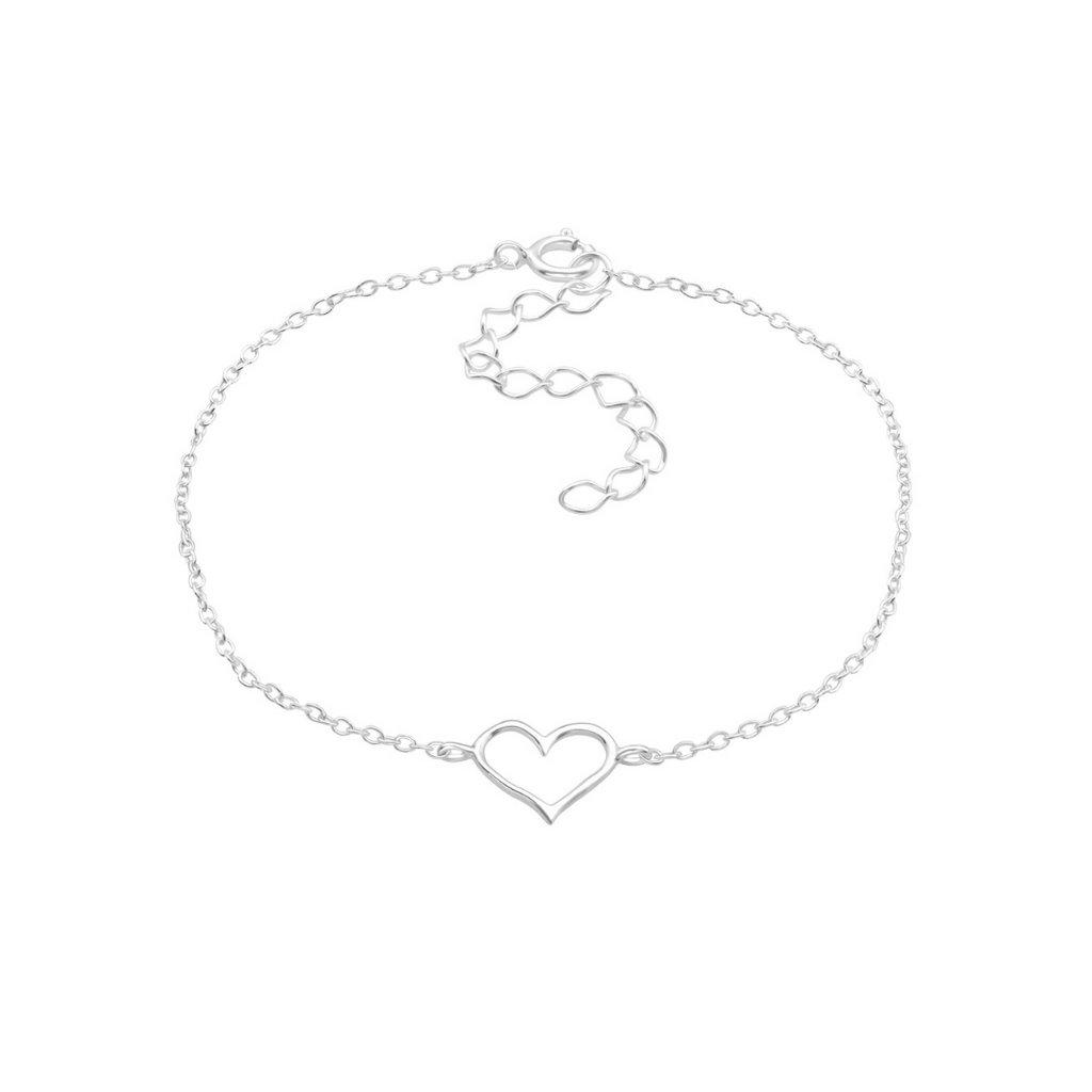 Silver bracelet with a heart charm on a white background