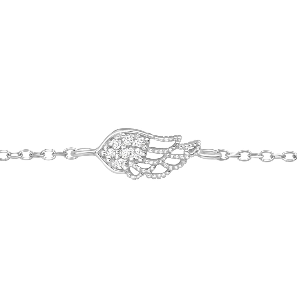 Wing sterling silver bracelet with cubic zirconia on a white background