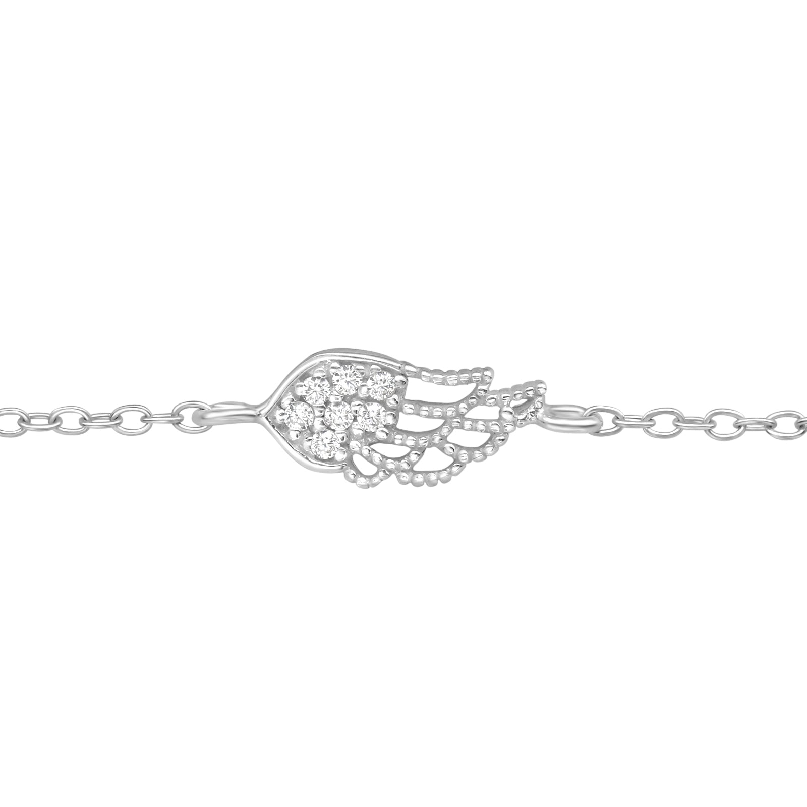 Wing sterling silver bracelet with cubic zirconia on a white background