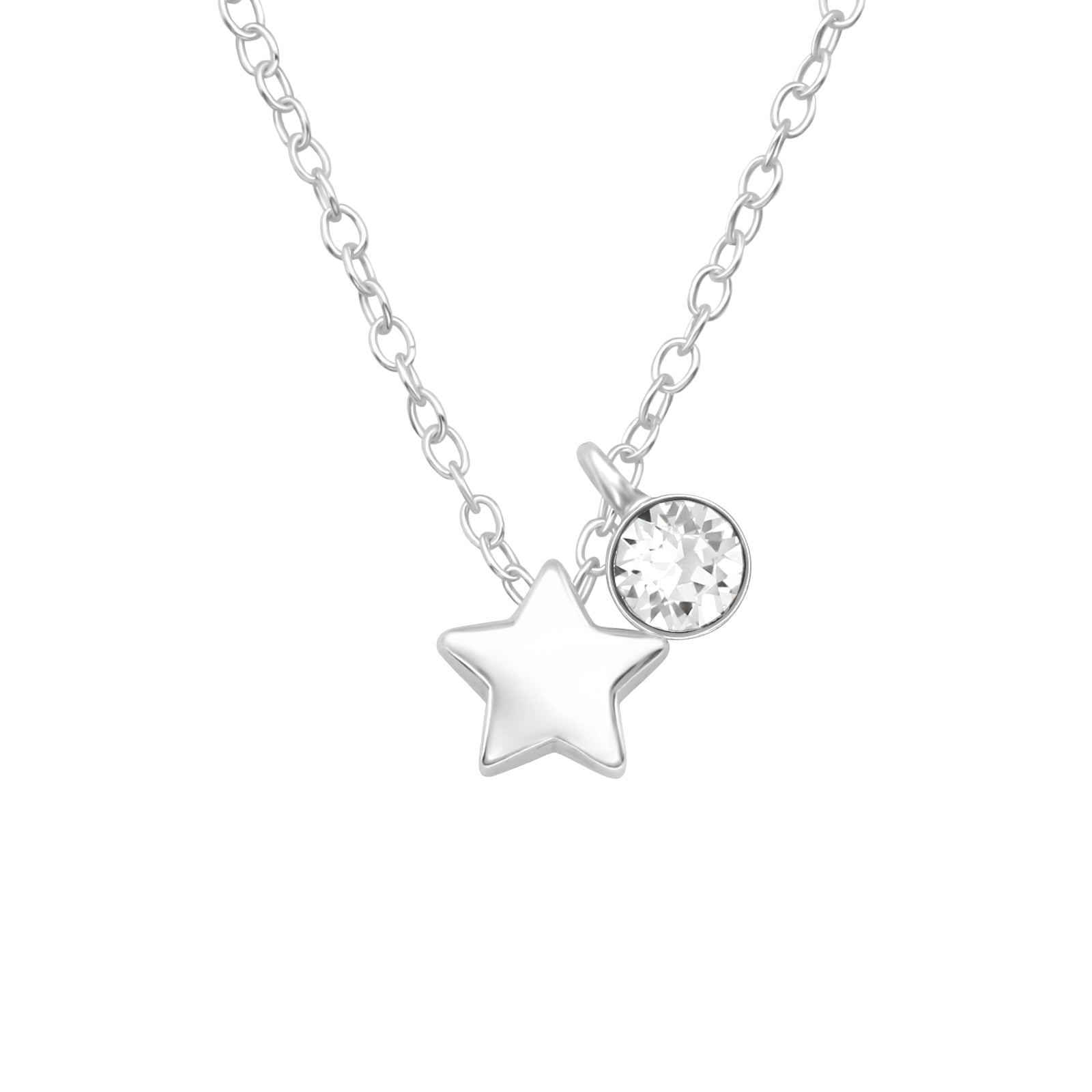 Star sterling silver necklace with crystal on a white background