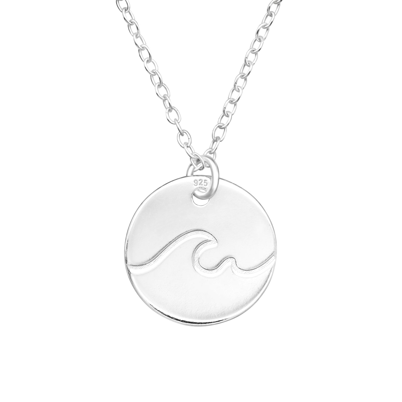 Silver necklace with a wave pendant on a white background