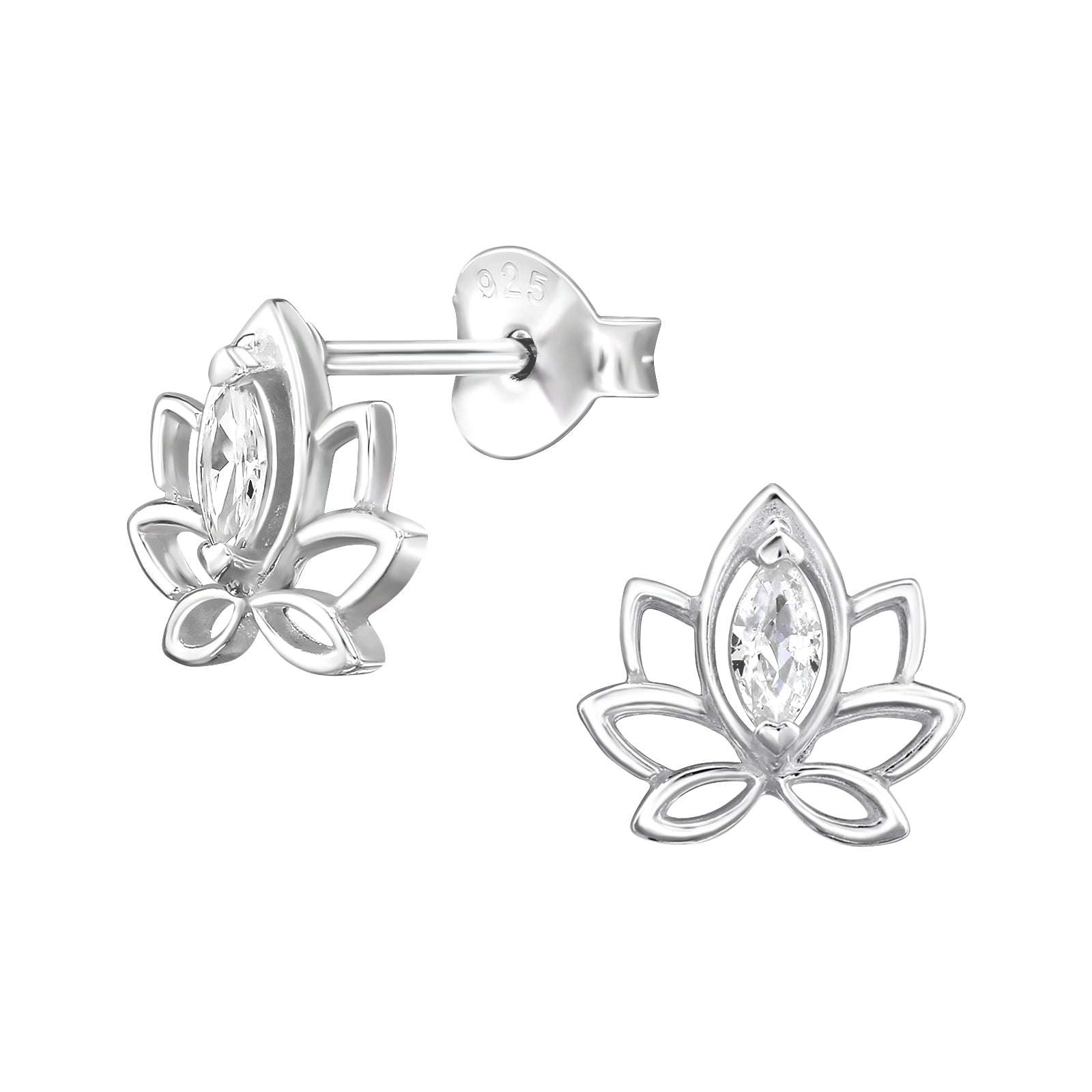 Lotus Flower Sterling Silver Ear Studs With Cubic Zirconia